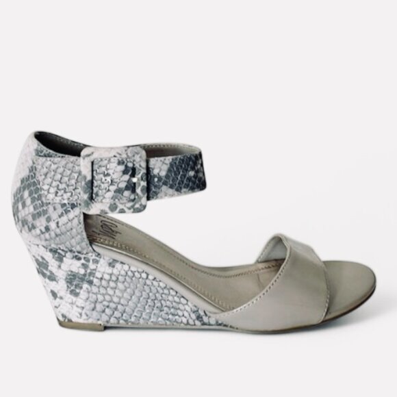 Impo Shoes - Impo Vantage Grey Snake Print Heel Upper Strap Wedge Open Toe Sandals Size 6.5